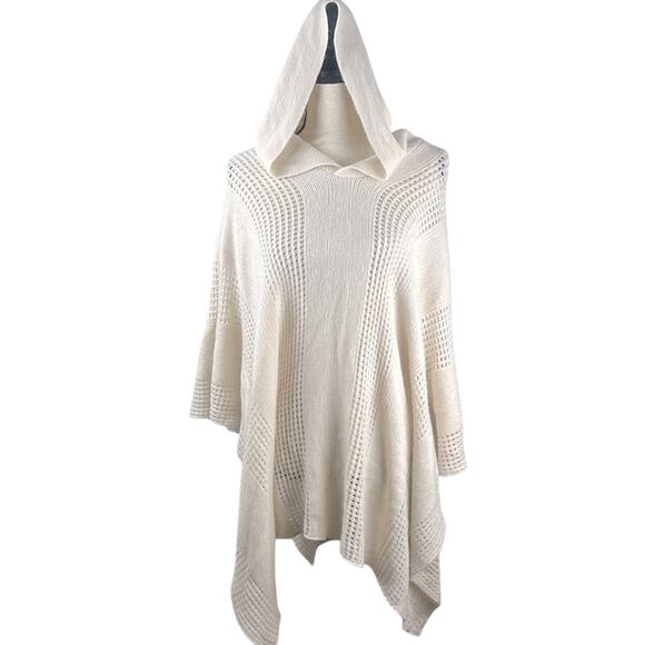 Mudd Hooded Cape Poncho Sweater Cream Open Knit One Size Fits Most - Picture 1 of 9